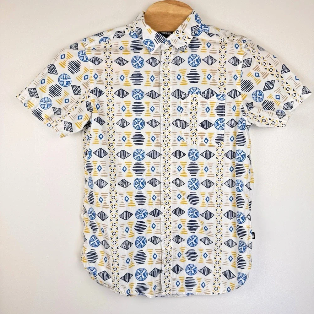 North Face Shirt Men's Med Blue Yellow S/S Tribal Lightweight Button‎ Up Pocket